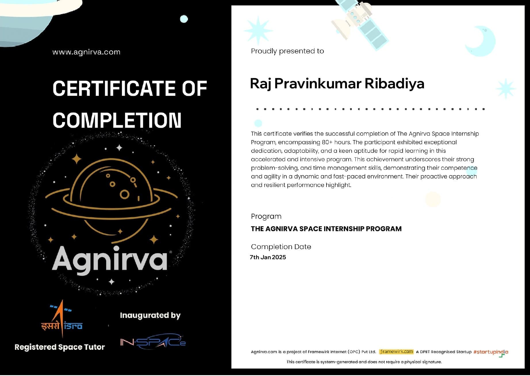 Certificate: Agnirva Space Internship Programme