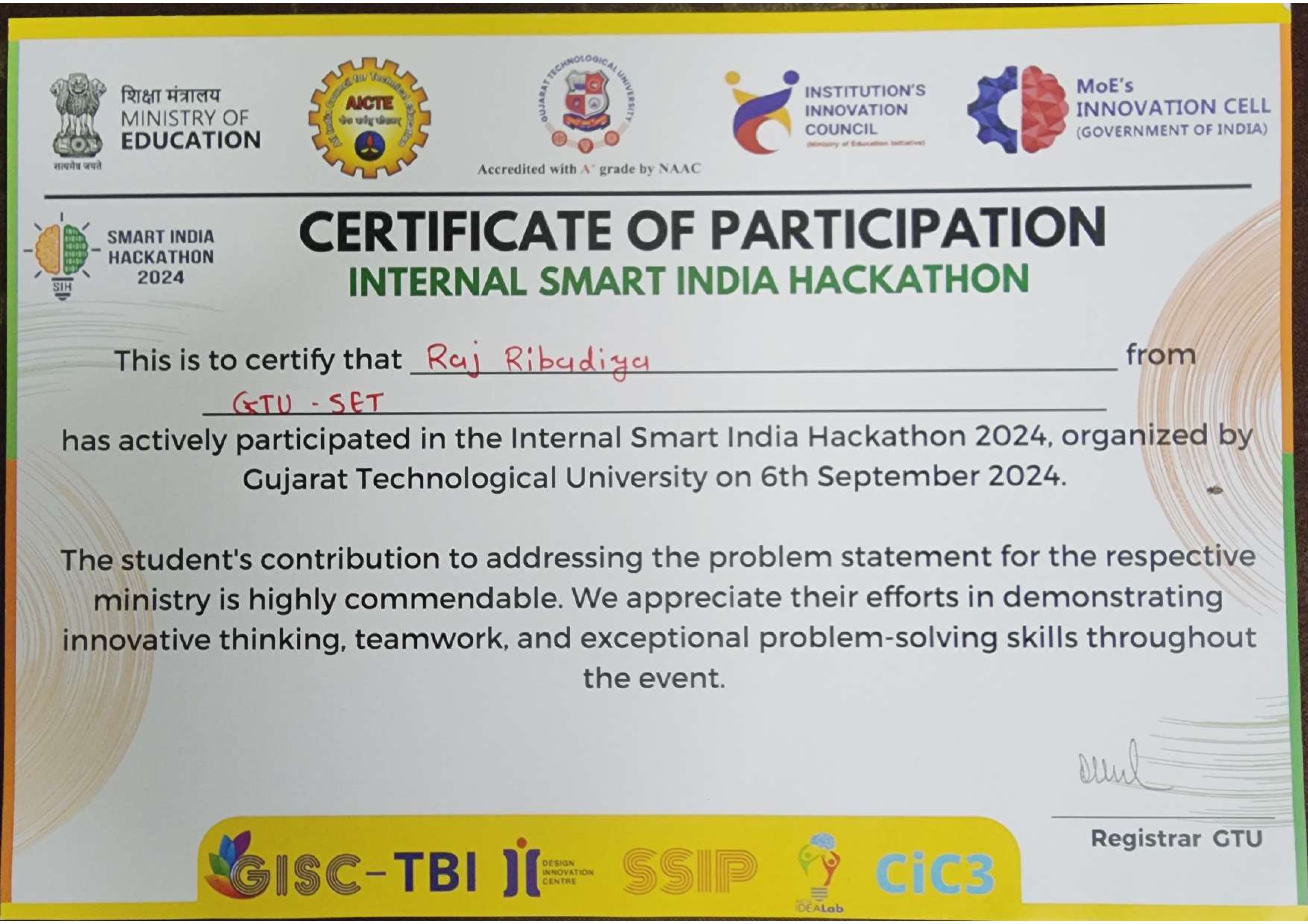 Certificate: Smart India Hackathon