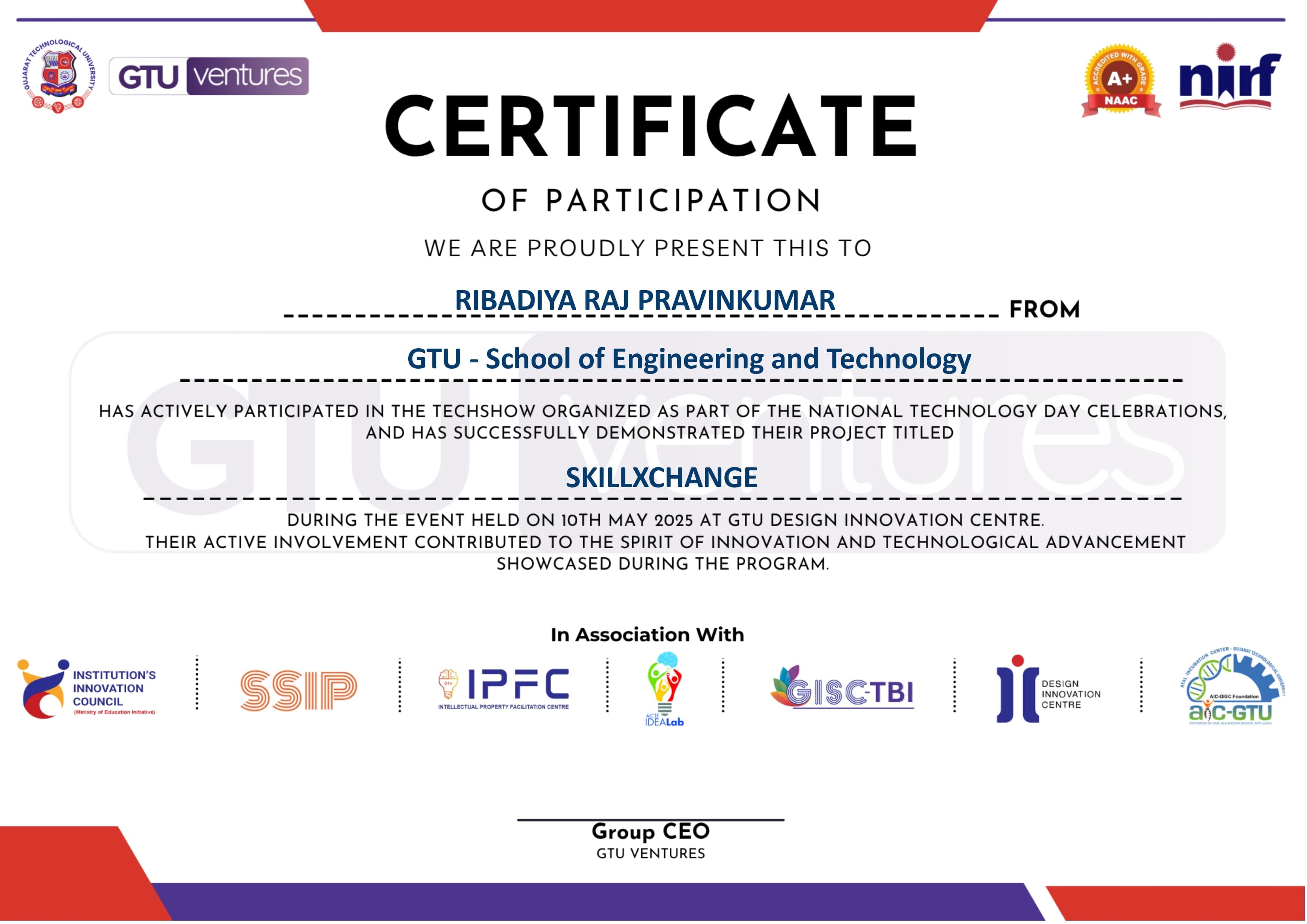 Certificate: SkillXchange - Peer2Peer Skill Exchange Platform