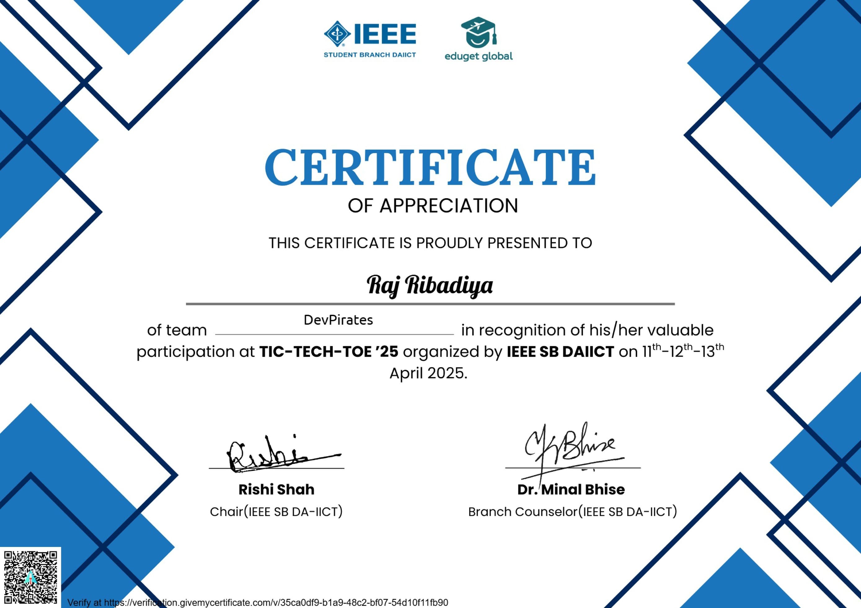 Certificate: Tic Tech Toe Hackathon