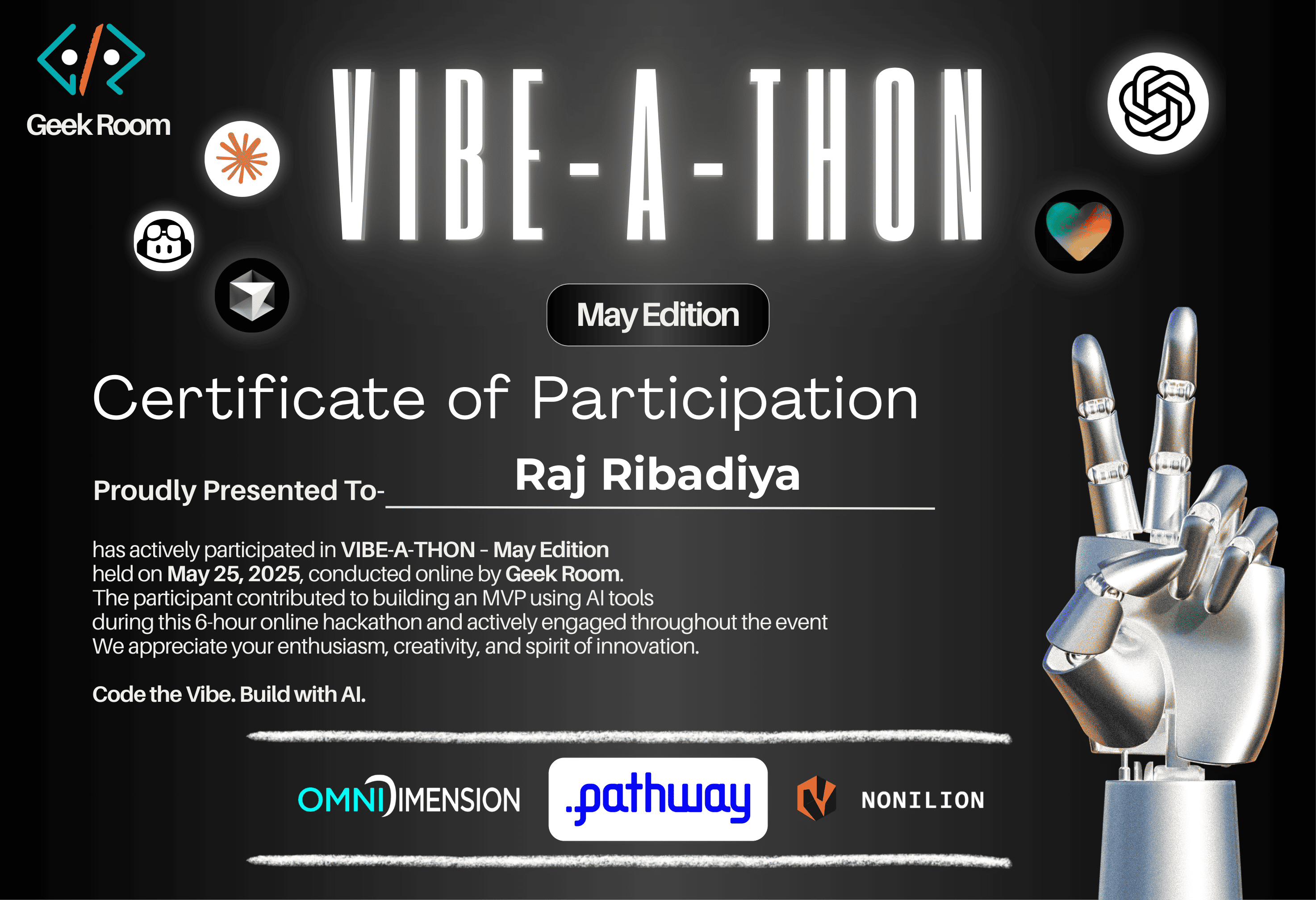 Certificate: Geek Room Vibe-A-Thon